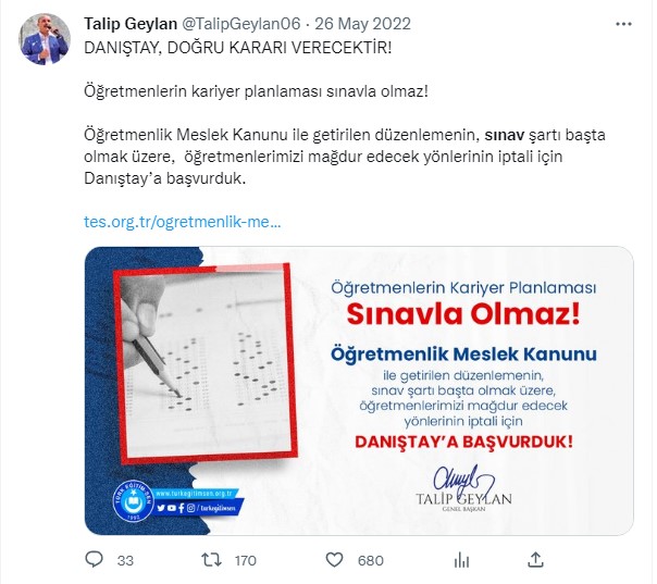 <a href="/TalipGeylan06/">Talip Geylan</a> <a href="/tcbestepe/">T.C. Cumhurbaşkanlığı</a> <a href="/tcmeb/">Millî Eğitim Bakanlığı</a> <a href="/HMBakanligi/">T.C. Hazine ve Maliye Bakanlığı</a> Ha bir de sınav için Danıştay'a dava açmıştınız. İlgili haberi de siteden kaldırmışsınız. Tweetiniz sınavı meşru kılmıştır. Hizmet yılı esas alınsın. KBS ile tanınan haklar sınavsız/unvansız emekliliğe sayılsın.

#YeniOMKmaas30bin