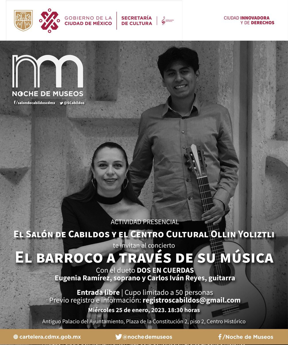 SCabildos's tweet photo. Cordial invitación al concierto El barroco a través de su música, en colaboración con el #CCOY , dueto Dos en cuerdas. En la #NocheDeMuseos, Mié. 25 enero, 18:30 h. En #SalonDeCabildos 
Entrada libre
Cupo limitado
Registro previo e informes en registroscabildos@gmail.com https://t.co/ntALjeaOib