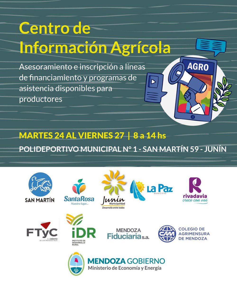 ATENCIÓN ZONA ESTE! LÍNEAS DE ASISTENCIA PARA PRODUCTORES. Del 24 al 27 de enero, el Ministerio de Economía estará asesorando sobre diferentes líneas financiamiento y el IDR informará sobre la línea de emergencia. 
De 8 a 14, en el Polideportivo Municipal de Junín, San Martín 59.