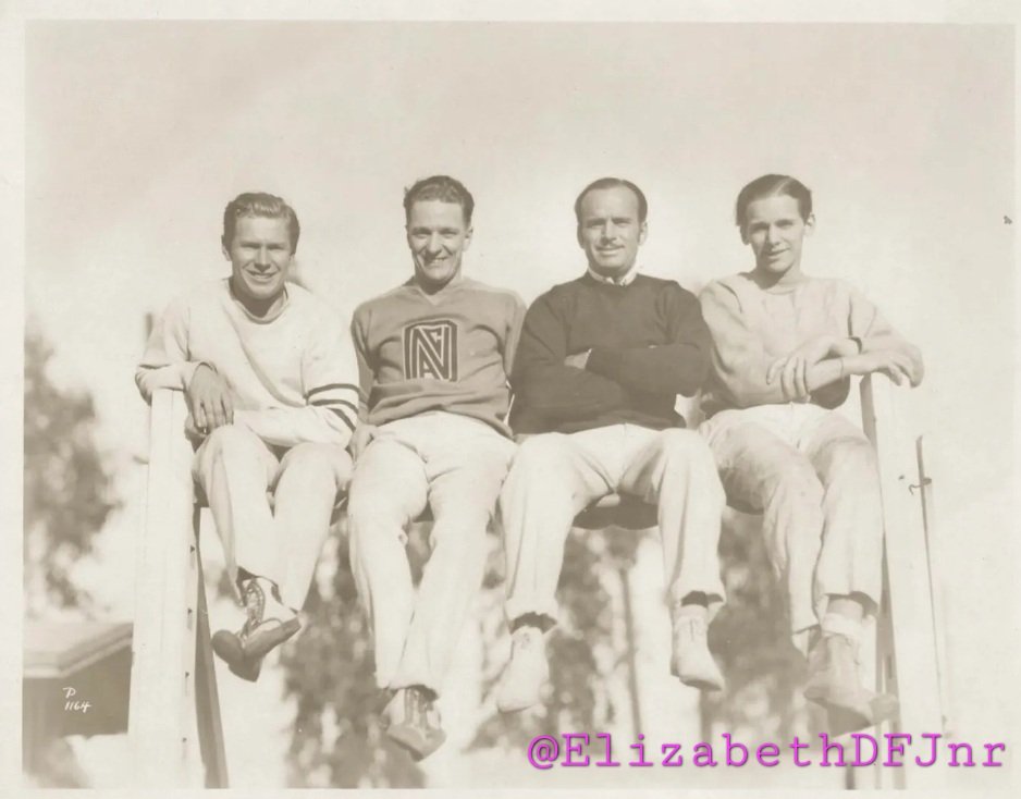 ElizabethDFJnr's tweet photo. Latest addition to my Douglas Fairbanks, Jr. collection is this wonderful vintage photo from 1925 of Doug Jr. and Sr. with professional and Olympic sprinters Charlie Paddock and Loren Murchison #DFJcollection #DailyDoug https://t.co/eTh8bcydUT