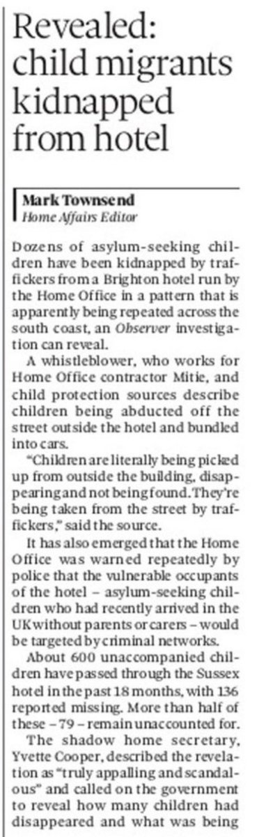 136 kids missing. 
79 still unaccounted for.

All abducted from a Home Office migrant hotel by traffickers. The government is denying it is happening. It took a whistleblower to speak up. 

A new low, Britain has gone to the dogs. This country is run by absolute fucking monsters.