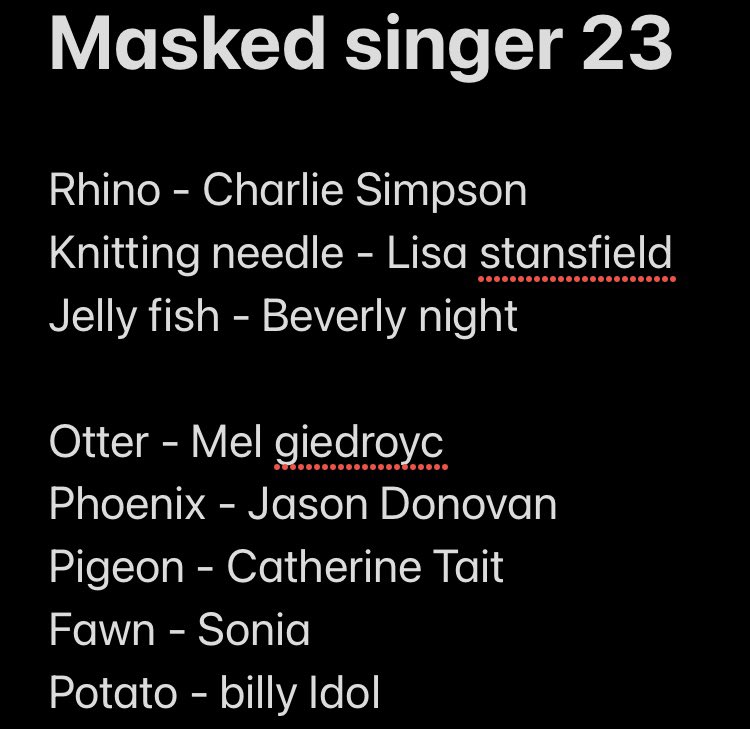 Hey <a href="/bexjohnson1988/">Bex Johnson</a> here is where I’m at with my guesses. Top 2 I’m pretty sure especially <a href="/CharlieSimpson/">Charlie Simpson</a> cos I’ve sang with him many moons ago and Lisa as such distinctive voice #MaskedSingerUK