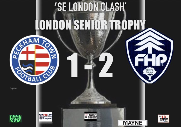 Through to the <a href="/LondonFA/">London Football</a> Senior Trophy semi finals!!

30 mins KO delay …..Great vibes at Menace Arena with 165 attendance!

As expected a hard fought encounter against a good <a href="/KCFL1516/">Kent County FL News</a> side <a href="/PeckhamTownFC/">Peckham Town FC (The Menace)</a> - who would enhance <a href="/SCEFLeague/">Presence & Co. SCEFL League</a> - ended victorious for FHP!! FT 1-2