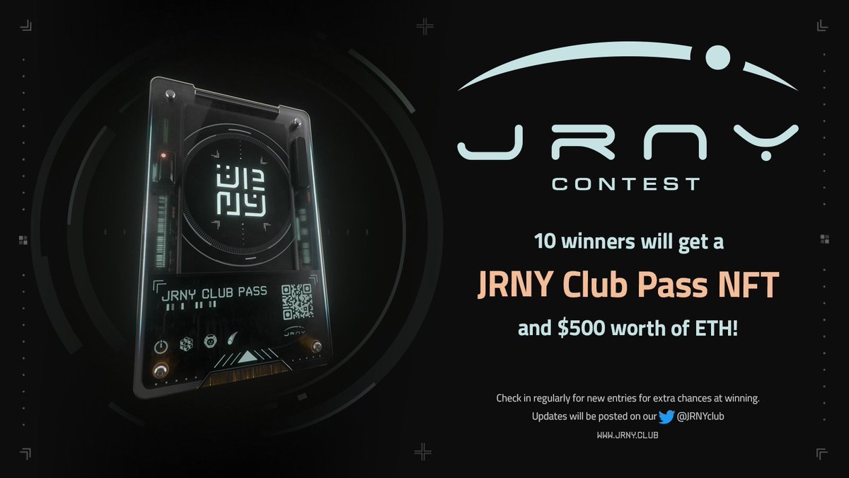 JRNYCLUB's tweet photo. Only TWO weeks left to enter The JRNY Club Contest! 👀

10 winners will receive 1 JRNY Club Pass NFT and $500 worth of ETH each! 

Keep an eye out for new entries for more chances to win. We'll post updates as new tasks are added.

Enter here: https://t.co/4UBLVuxjVe https://t.co/C0z3tEv79o