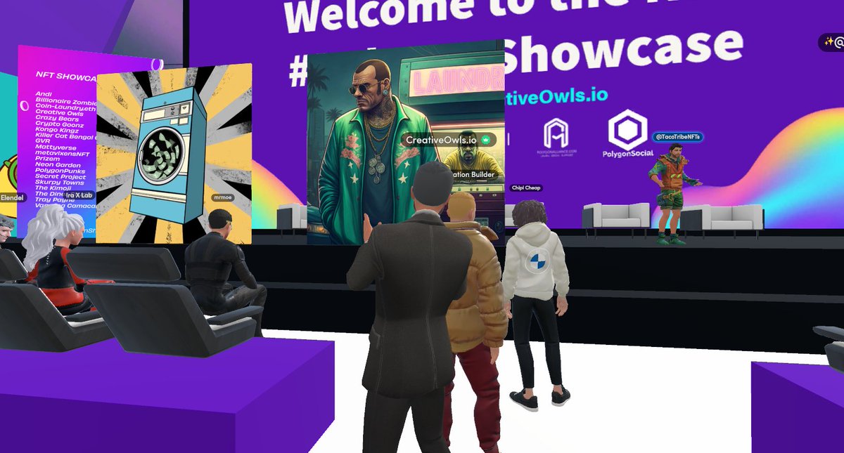 Vdk_Music's tweet image. One of the most incredible artists &amp;amp; minds in #Web3!

@nftcoinlaundry couldn't be at the show today so Ryan from @TacoTribeNFTs repped him on stage at @MyCreativeOwls #PolygonShowcase in @Spatial_io!!

#CharlieSentMe