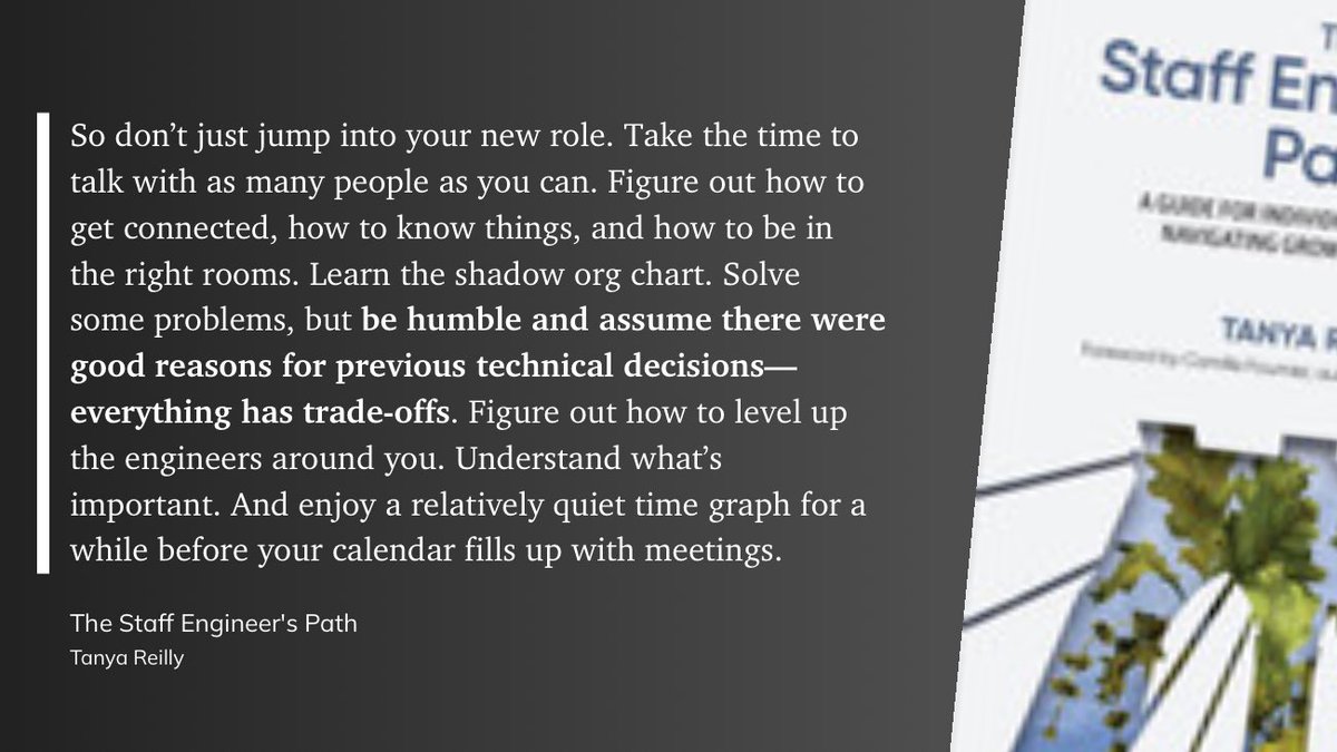 thiagoghisi's tweet photo. 0) Talk to as many people as you can
1) Be in the right rooms
2) Learn the shadow org chart
3) Be humble &amp; assume there were good reasons for previous technical decisions
4) Figure out how to level up the engineers around you
5) Understand what’s important
6) Solve some problems https://t.co/8IGYG8jpXt