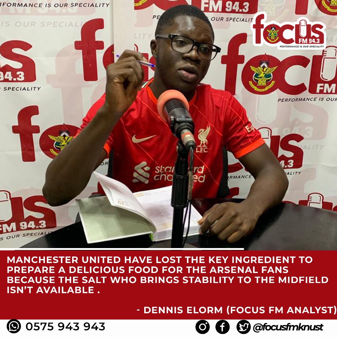 FocusFMSports's tweet photo. Manchester United have lost the key ingredient to prepare a delicious food for the Arsenal fans because the salt who brings stability to the midfield isn't available 

-@agbeti_elorm https://t.co/x98h0MVdko
