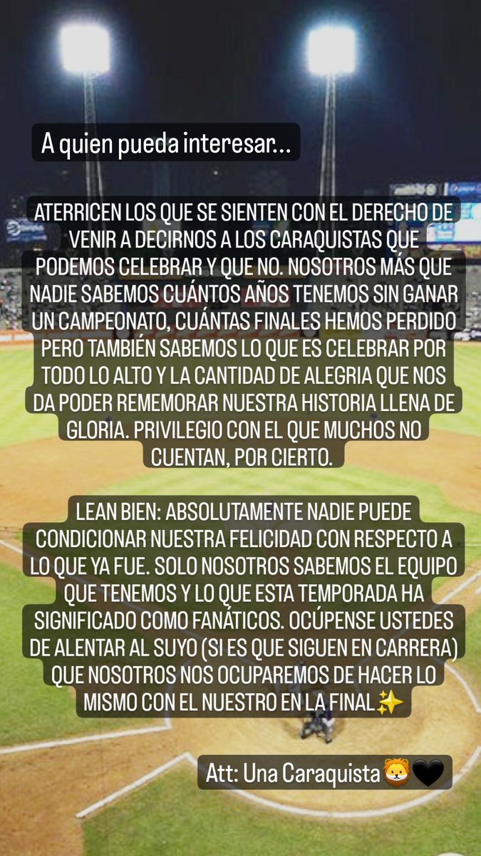 kemicolmenares's tweet photo. Un mensajito para los desubicados... 😘

Feliz tarde Caraquistas!!! 

@leones_cbbc @caraquistasfans https://t.co/Uuv8WskHEb