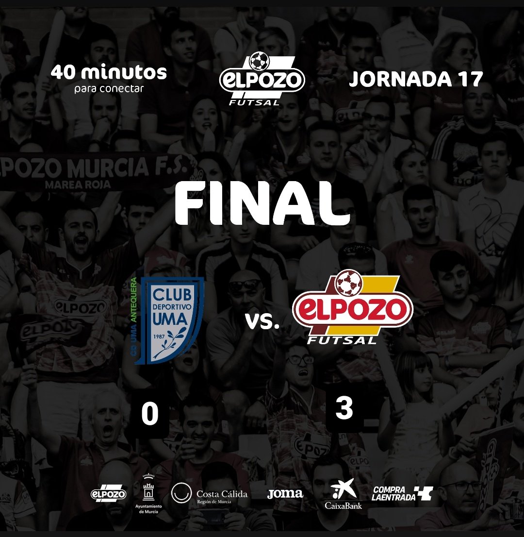 🔥🔥🔥🔥🔥🔥🔥🔥🔥🔥🔥🔥🔥
🏟️FINAL EN ANTEQUERA! 

➕3️⃣ Importante victoria a domicilio!!

@UMAAntequera 0

ElPozo Murcia Costa Cálida FS 3 
⚽ <a href="/Rafa_Futsal/">Rafa13santos</a> 
⚽ <a href="/_marcelmarques/">Marcel Marques</a> 
⚽ <a href="/leofutsaljf/">Léo Santana</a> 

#UMAVSElPozo