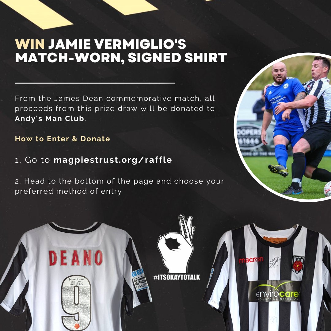 MagpiesTrust's tweet image. We're excited to announce a charity raffle to raise funds for @andysmanclubuk 👊
A chance to win Jamie Vermiglio's match-worn and signed shirt from the James #Deano memorial match in 2021 ⚽️💐

£5 a ticket, all proceeds donated.

Head to magpiestrust.org/raffle to enter 🙏