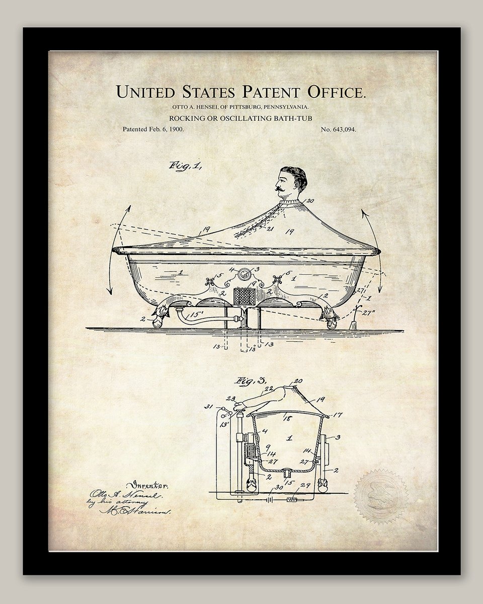 PatentPrintShop's tweet image. Bathroom decor – Rocking Bathtub patent
Print of 1900 O. A. Hensel ROCKING OR OSCLLATING BATH TUB patent
Vintage patent of a rocking bathtub that oscillates and protects against splashing.
thepatentprintshop.com/product/1900-r…
#Spadécor #BathroomWallArt #BathroomDécor #BathroomPrints