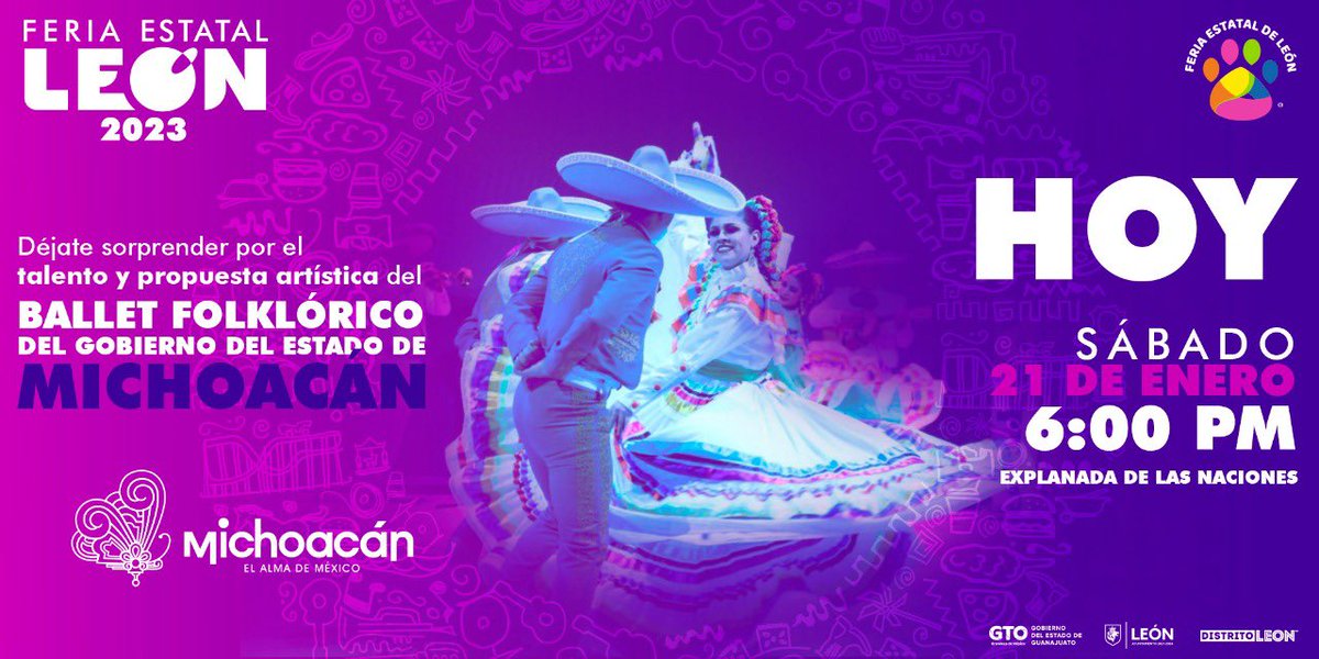 FeriaDeLeon's tweet photo. Únete a la "Fiesta Michoacana" que se presenta hoy con el Ballet Folklórico del Gobierno del Estado de Michoacán💃, disfruta de este gran espectáculo de nuestro #EstadoInvitado Michoacán. 🤩💜🏵️🎶
🗓️ Hoy sábado 21 de enero
🕓 6:00 pm
📍 Explanada de las Naciones https://t.co/twkZD79BwI