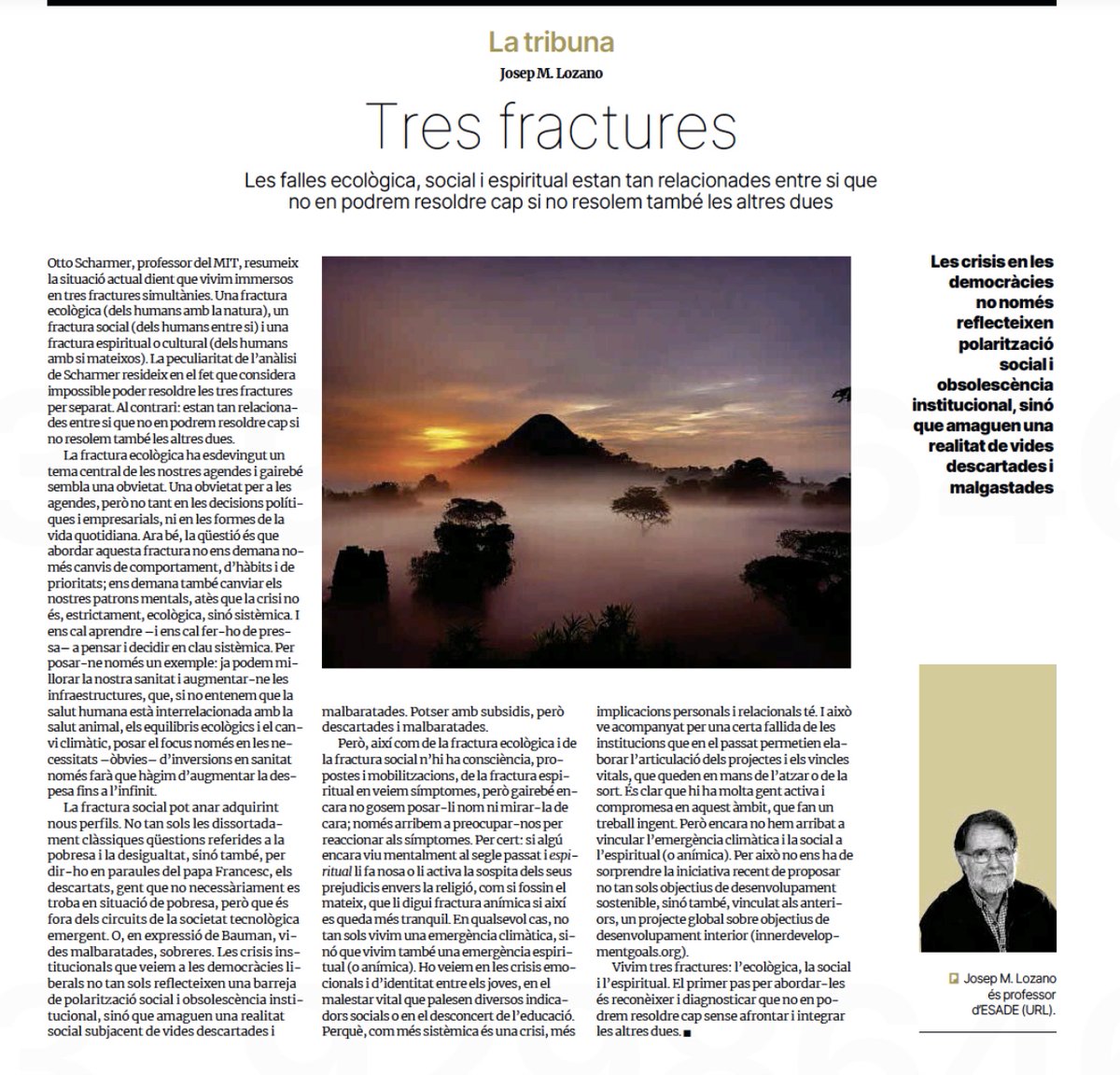 Tres fractures. El meu article avui a <a href="/elperiodico_cat/">El Periódico</a> Vivim tres fractures: l’ecològica, la social i l’espiritual. El primer pas per abordar-les és reconèixer i diagnosticar que no en podrem resoldre cap sense afrontar i integrar les altres dues