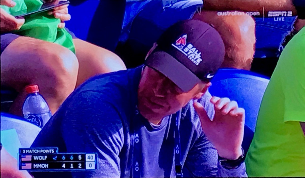 BallStateMTNS's tweet photo. Spotted our very own Patrick Thompson representing his Alma mater in the stands at the ⁦@AustralianOpen⁩ as he coaches J.J. Wolf to the round of 16‼️

⁦@espn⁩ even gave Coach Richards a shoutout as well‼️

#ChirpChirp x #WeFly https://t.co/sMZq15otmn
