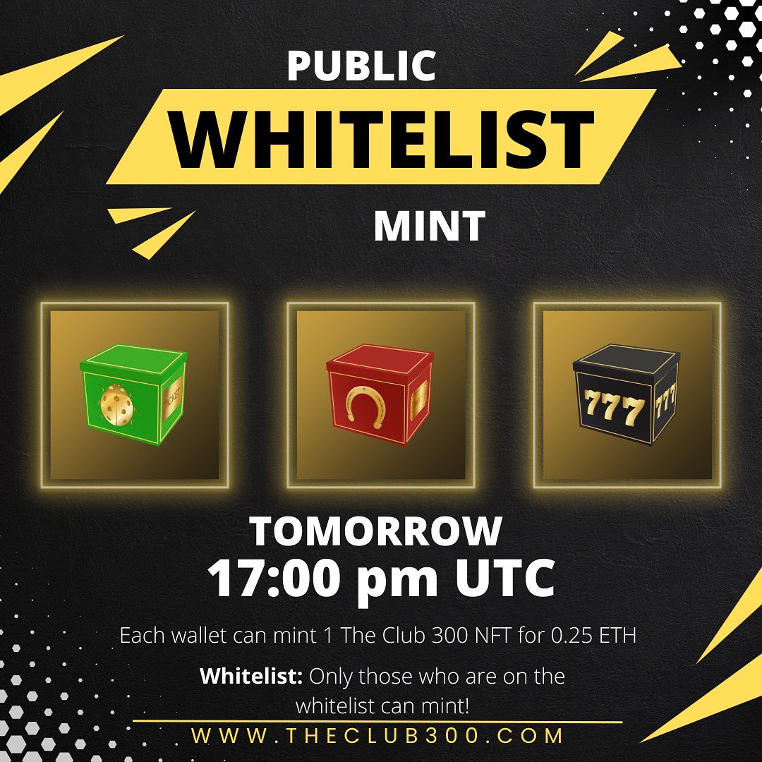 TheClub300's tweet image. 🎉PUBLIC WHITELIST MINT🎉

⏰Tomorrow 17:00 pm UTC. 

🚨 You won't want to miss this opportunity.PUBLIC Whitelist Mint is only available for those with Whitelist. 

Benefit: 
0.25eth instead of 0.3eth

Note 📝: last chance to mint for all on the current pre-sale whitelist.
#NFT
