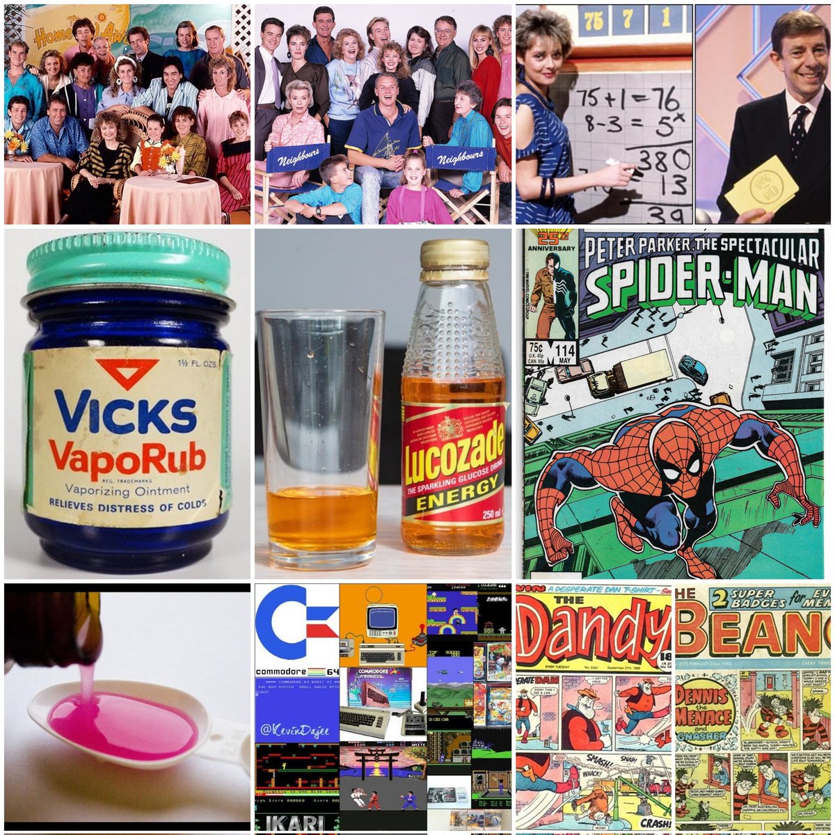 Memories as a child of the 1980s in the UK.... When you were off school and unwell these things made me better.... #Lucozade #vicks #neighbours #homeandaway #countdown #goingforgold #calpol #comics #SpiderMan #dandy #beano #c64 #retrogaming #80s #retro