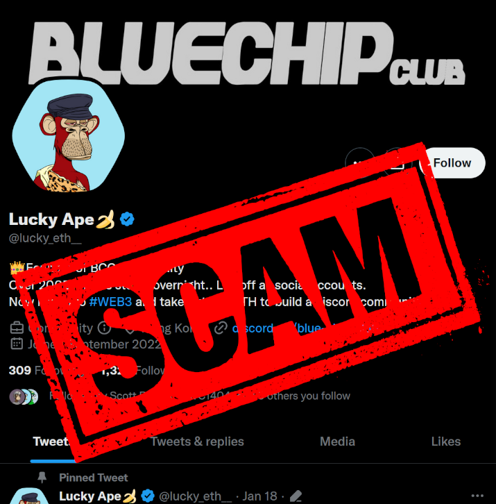 CryptoLifeJack's tweet image. Watch out for this LONGCON @lucky_eth__ &amp;amp; BLUECHIPCLUB - They are deploying an elaborate guerrilla marketing campaign, using stolen assets to gain access to holders only discords, distributing small sums of FREE ETH in order to gain your trust &amp;amp; confidence ahead of a scam