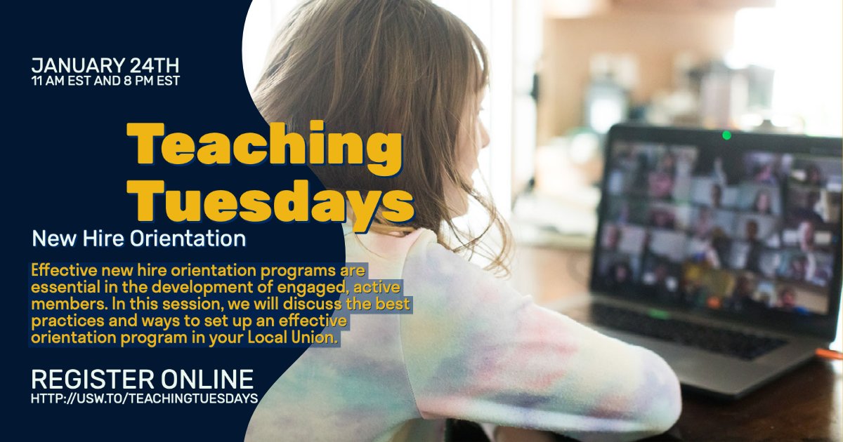 steelworkers's tweet photo. Don't forget to sign up for tomorrow's Teaching Tuesda on how to do effective new hire orientations. Register here for the online class: https://t.co/ExLxY4wqqt #SmarterIsStronger #1u #everybodysunion✊ https://t.co/0kWmMO7IKT