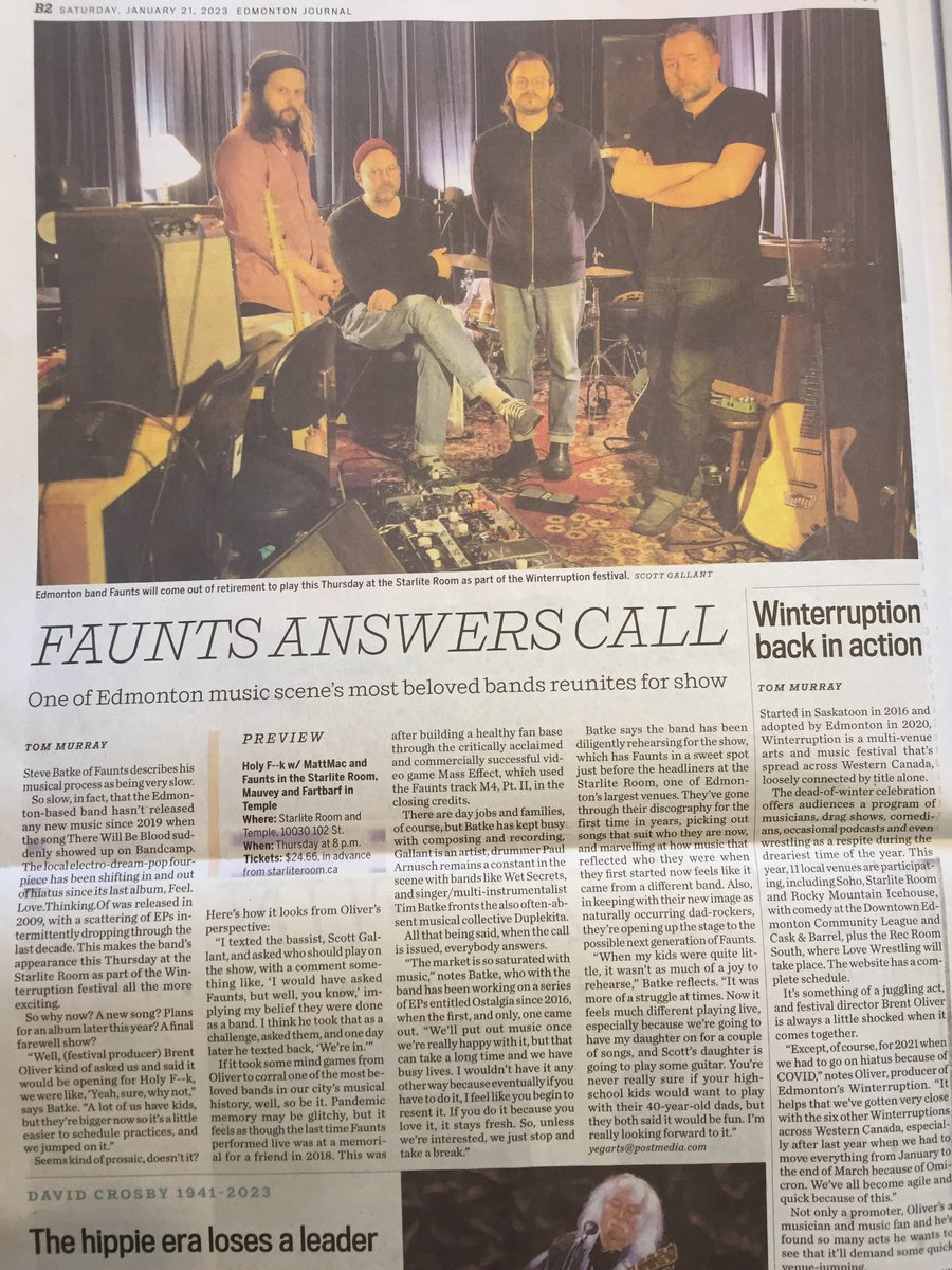 Woah! PRINT media? Check out this full page article in the @edmontonjournal about Winterruption’s return and the return of @fauntsmusic to the stage, this Thursday @starliteroom. Photo by Producer @brentoliver’s mom who gets the paper every Saturday