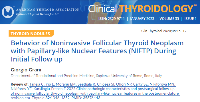 clinicalthyroid's tweet photo. Dr. Giorgio Grani, @GiGrani, reviews this recent @thyroidjournal study on the behavior of #NIFTP tumors.  @cytopathology @aakasharmand @PathDocBoston 

https://t.co/yRwuCUfdZk

#AmericanThyroidAssociation #ClinicalThyroidology #endotwitter https://t.co/4R8GuXFKpC