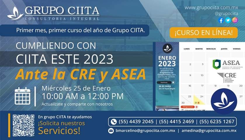 grupociita's tweet photo. #Agenda este 25 de enero, para el #PrimerCurso de #grupociita #cumpliendoconciita sin Costo. #cumplimientonormativo #CRE y #ASEA este #Año2023. #sectorhidrocarburos 
Inscribete 👇 
https://t.co/ymUdH8tYfx…
Recuerda que en #grupociita #MasQueUnServicio somos tú tranquilidad https://t.co/pYGvOtrYvV