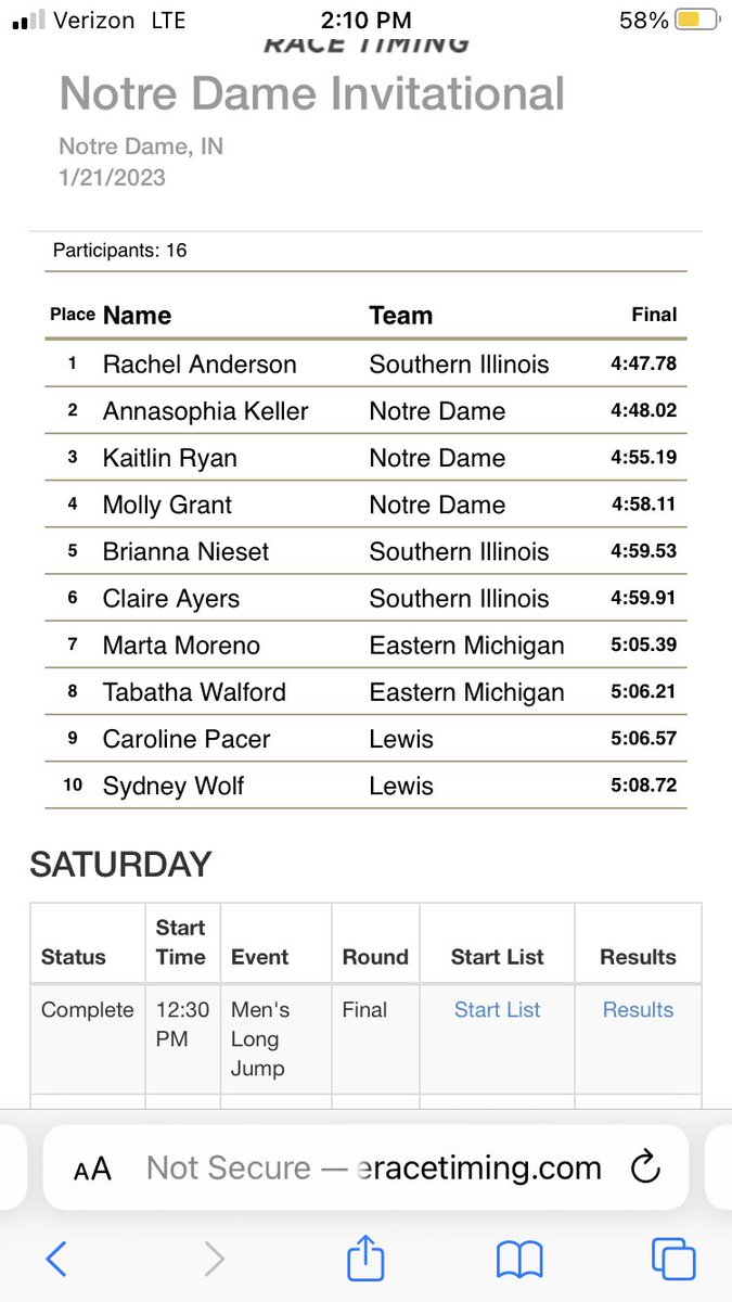 andersonjerseys's tweet photo. 3 Salukis go sub 5 in the mile at Notre Dame. @r_anderson_13 huge PR  and now 2.nd in school history. @chardon_xc_tf Bri Nieset also a huge PR. @c_ayers15 getting back in the mix after 8 months off. 🐾🏃🏻‍♀️💪 https://t.co/uSHs11OrT9