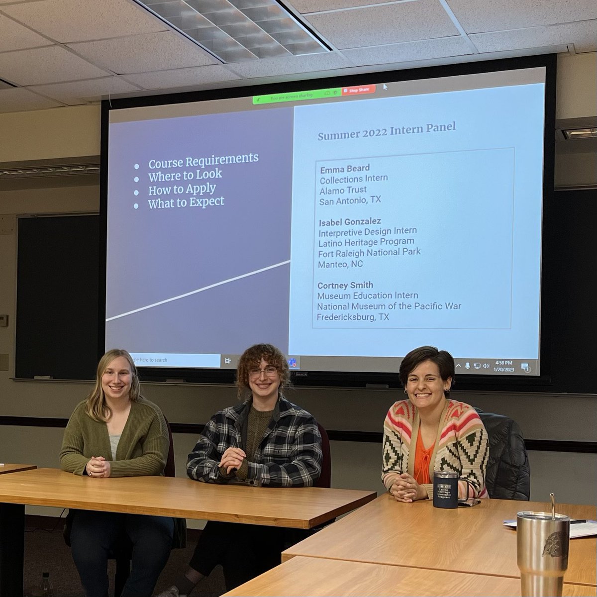 rubyoram's tweet photo. It’s application season for summer internships! @TXSTHistory grad students Emma Beard, Isabel Gonzalez, and Cortney Smith shared their tips at yesterdays Public History Internship Info Session https://t.co/vtkAWazkgc