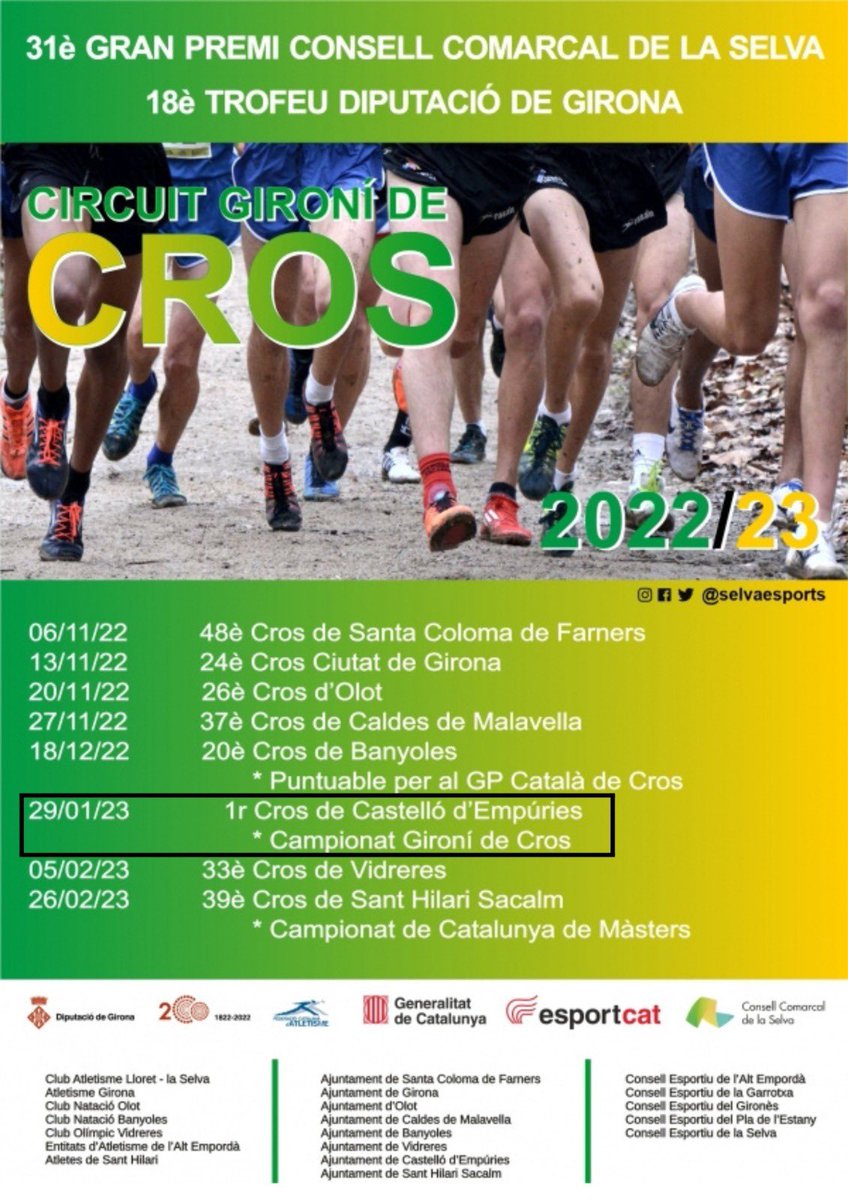 cealtemporda's tweet photo. Recordeu que diumenge vinent dia 🗓️ 29 de gener se celebrarà la prova de 📍 Castelló d'Empúries del circuit Gironí de Cross 🏃♀️🏃🏻 !
👉 Inscripcions a https://t.co/RHFJAdlZwh
#cealtemporda #cross #crosscomarcal #circuitgironídecross #castellodempuries https://t.co/QncJZxnPA2