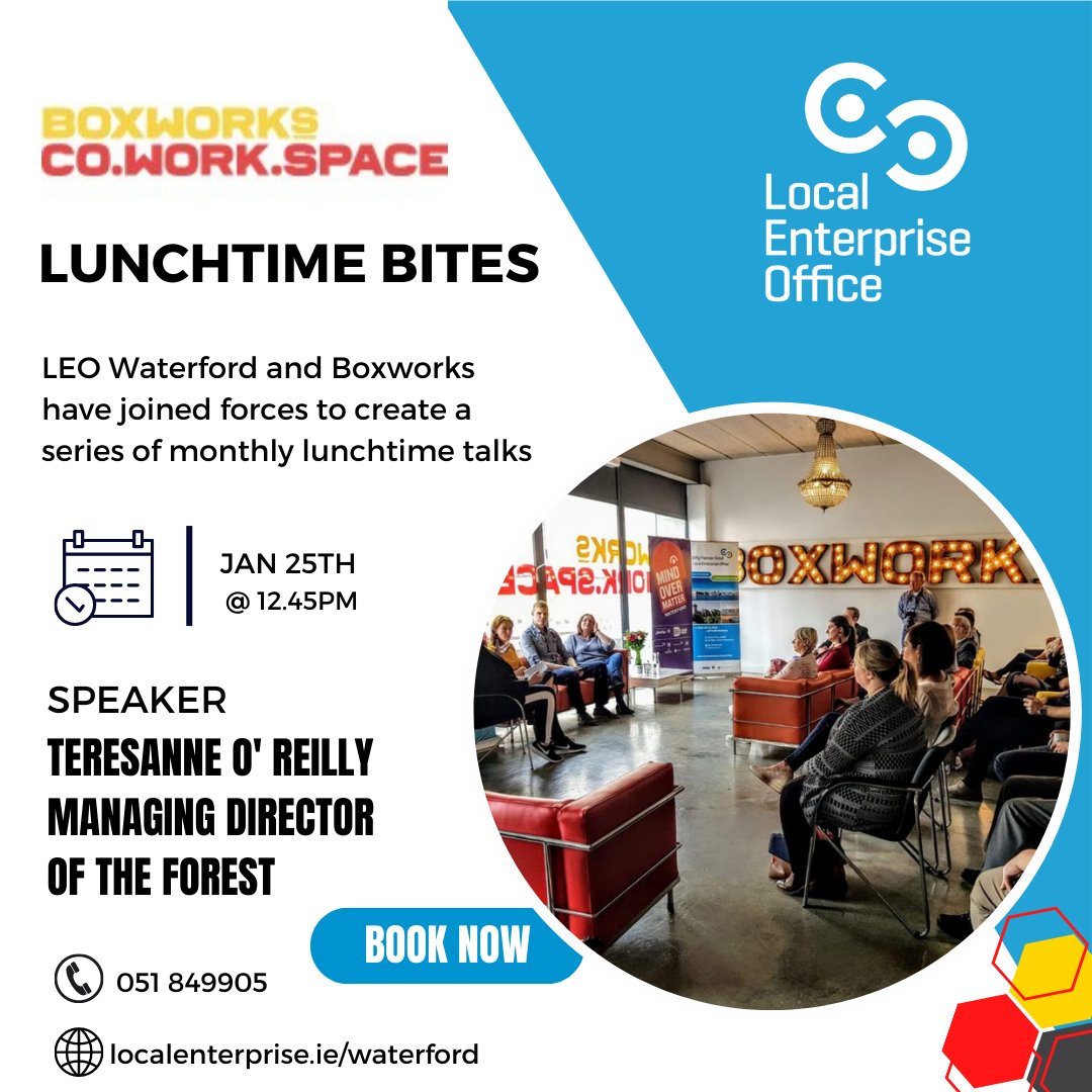 Our 2023 series of Lunchtime Bites Waterford City in conjunction with <a href="/BoxWorksCoWork/">Boxworks Co.Work.Space</a> returns this Wed at 12.45pm. Our quest speaker will be <a href="/TforTeresanne/">Teresanne</a> 

Lunch is included, so bring your appetite &amp; an open mind. Full info - bit.ly/3XihFUC