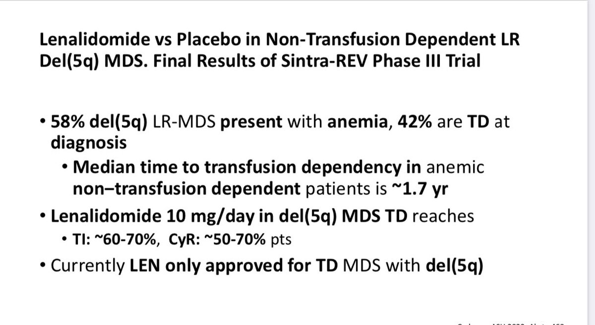 Abdallah81MD's tweet photo. Early treatment with low doses of LEN at 5 mg/day prolonged time to TD vs placebo;Risk of TD reduced by ~70%.Erythroid response was ~78% and cytogenetic response ~94% in LEN arm
• No Difference in OS, no QOL assessment #KuASHreview #MDS #USMIRC #medtwitter #MedEd @KUcancercenter https://t.co/XAFtFGH1yG