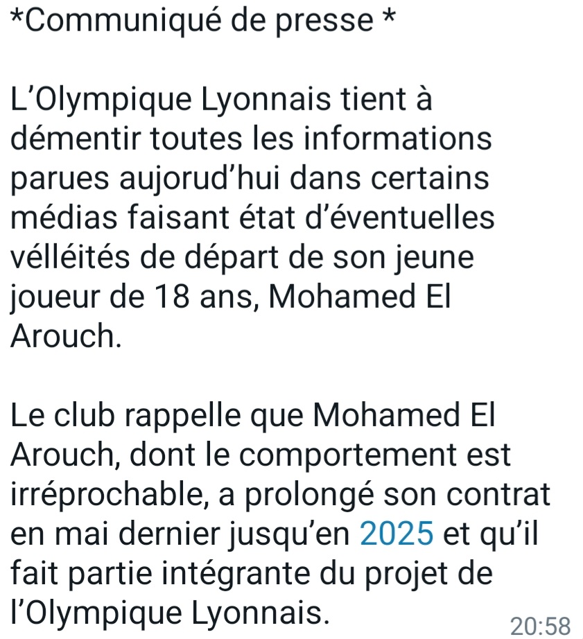 Communiqué de l'#OL pour #ElArouch
