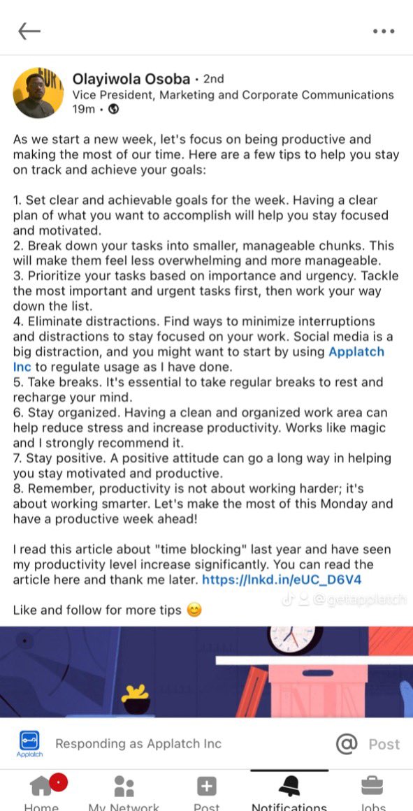 getapplatch's tweet photo. As seen on the streets of #linkedln .
The VP of marketing at Appzone @Hugh_Gidi dropped hot nuggets on how to focus on being productive and smashing those goals ๐ช๐พ. #applatch made it to the list.
Donโt sleep on this; check next slide for more context ๐๐ฝ๐๐ฝ https://t.co/Vvpnn4JsVd