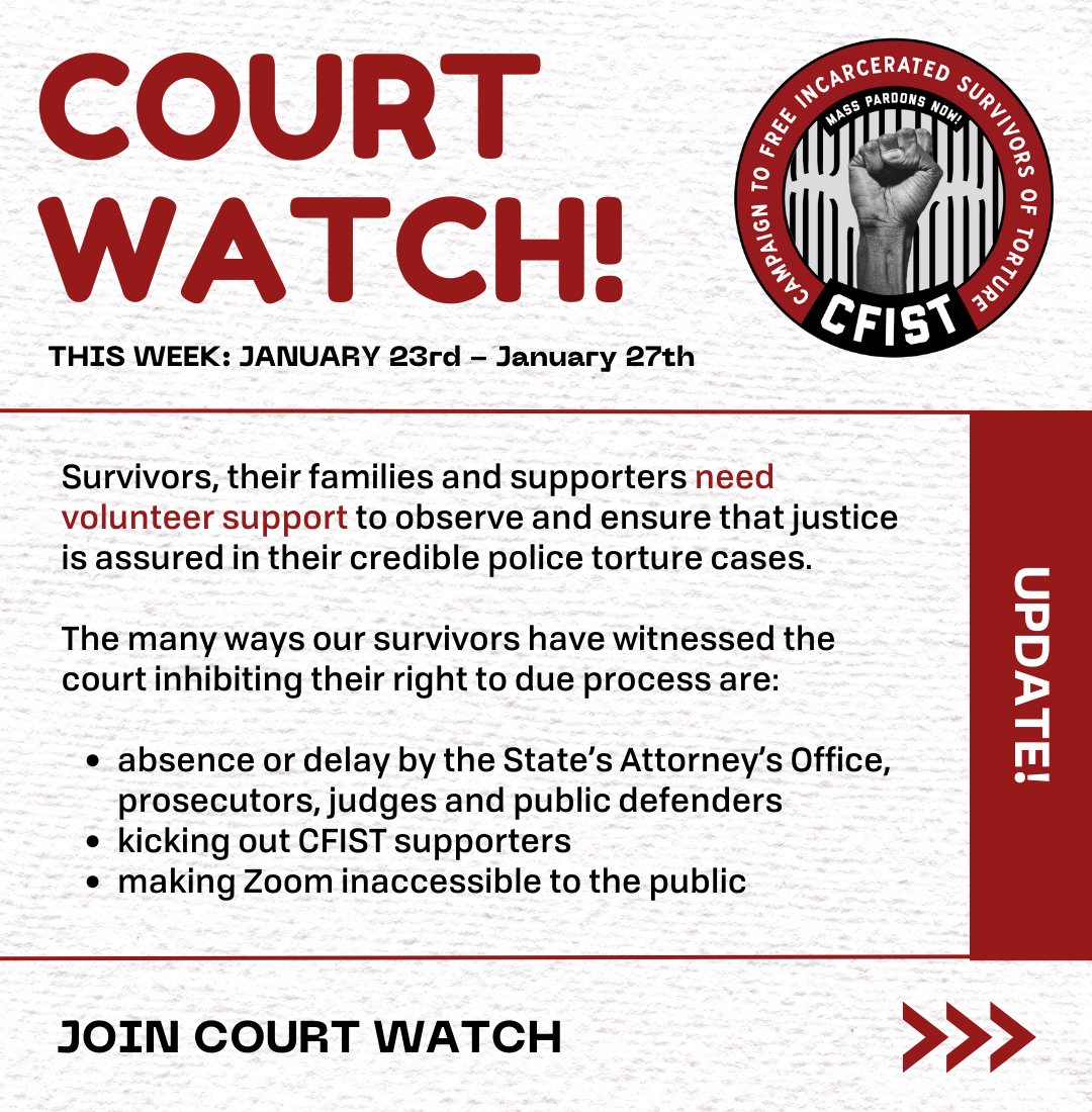 CAARPRNow's tweet photo. The state goes to incredible lengths to obscure survivors of Chicago Police Torture due process in their trials, and obtaining their rightful freedom. 

The evidence has been made clear with the CFIST report on torture (https://t.co/vDrWh9DnIw), https://t.co/TQcOeUbpWc