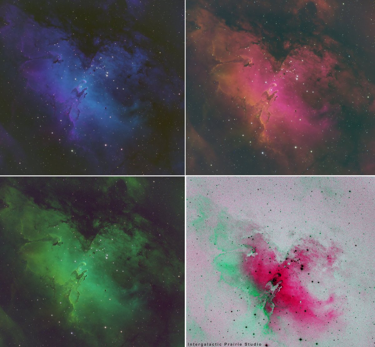 freedomfeens's tweet photo. Pillars of Creation in Eagle Nebula (M16), shot with remote scope in Chile. Processed by me, HSO in different configs / 4-up. #astrophotography #CS2U https://t.co/cbPaEklqqH
