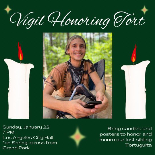 bmunrooo's tweet photo. Please join me in grieving the loss of Tortuguita this Sunday at LA City Hall at 7 PM. Bring candles, posters, and wear black. Fuck Cop City. No good cops, no bad protesters. https://t.co/0HyM8DP1J4