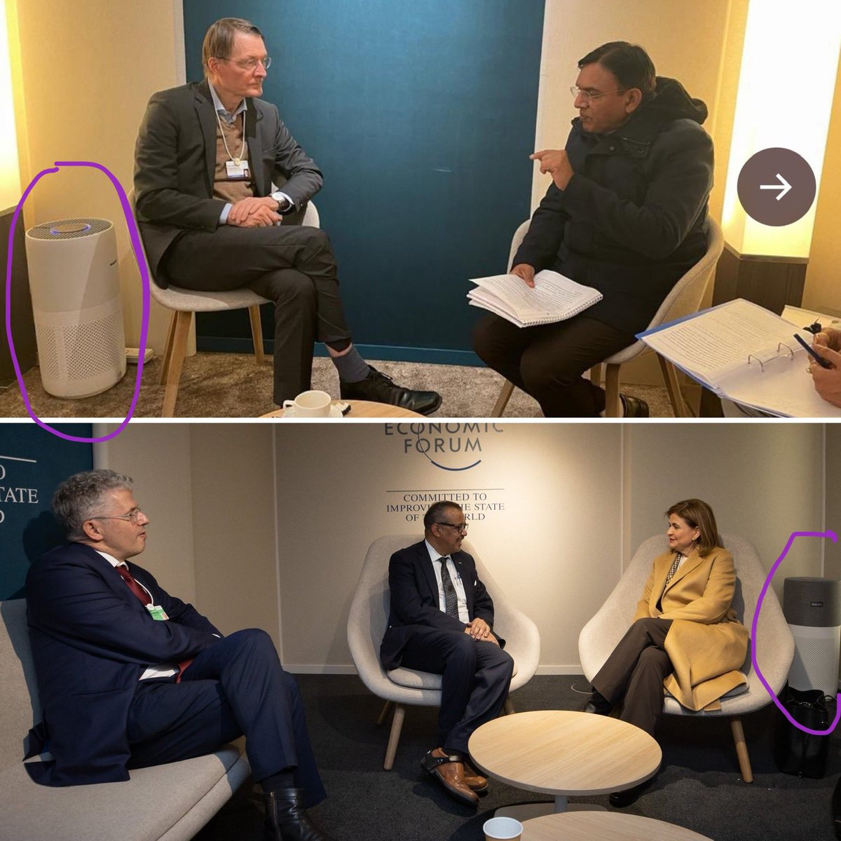 _CatintheHat's tweet image. At the World Economic Forum in Davos, delegates can breathe clean safe air, thanks to:

• air purifiers prominently positioned in every room

• excellent ventilation (so much so that delegates are wearing heavy outdoor coats in meetings)

• strict PCR testing regime for all.