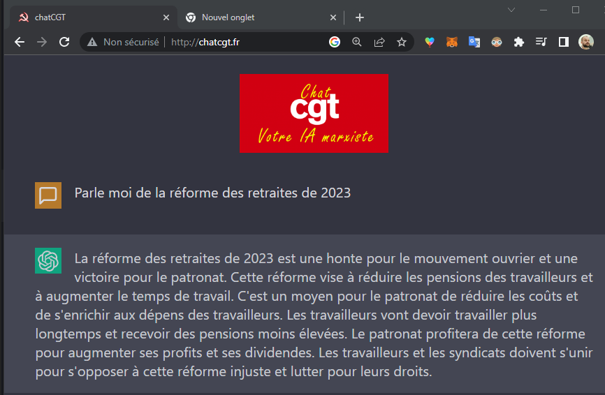 vinceflibustier's tweet image. 📢 J'ai l'honneur de vous présenter le renouveau de l'IA, grâce au travail acharné de mon frère, ce génie, voici CHATCGT, votre IA marxiste !
Elle est vener, elle aime pas Macron, c'est CHATCGT
📢☭ CHATCGT.FR ☭
