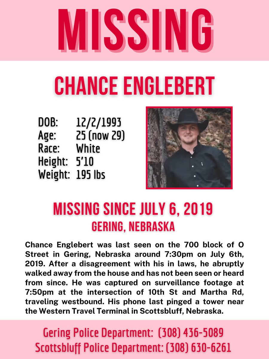 CrimeAgainPod's tweet photo. #MISSING Chance Englebert disappeared from Gering, #Nebraska on July 6th, 2019. After a disagreement with his in-laws, he walked away from a house on O Street and has not been seen or heard from since. #ChanceEnglebert https://t.co/iJfhQg1o64