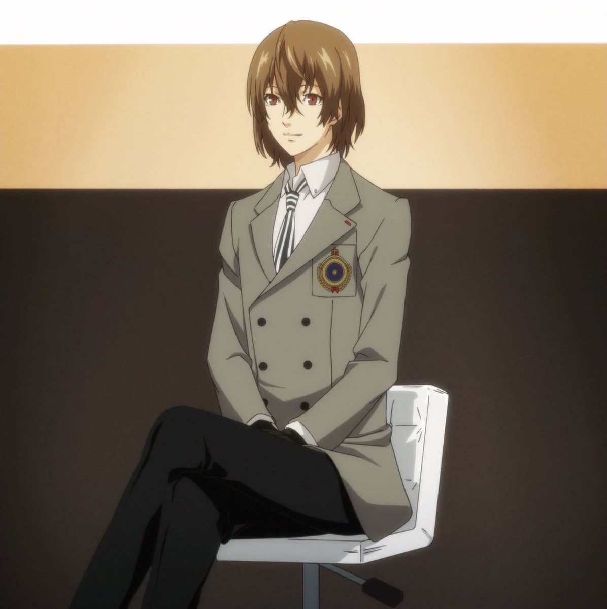 akcgo's tweet photo. pictured: akechi goro sits politely before the akechi goro pride flag https://t.co/R51upVwPHj