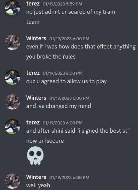 Arsenal_tfsl's tweet photo. btw madrid won because our players weren't online, also winters didnt want to let my signings play because he was afraid of them 🤭🤭💀 https://t.co/5mp6u0aiJ5