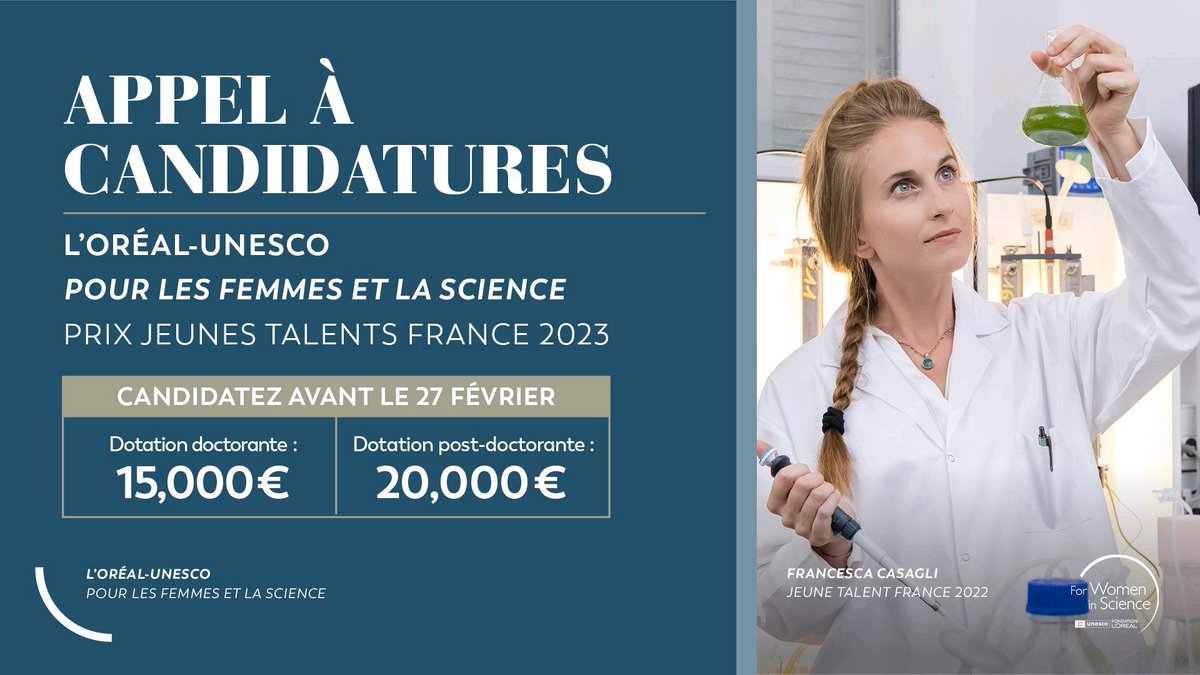 👩🏽‍🔬Postulez au prix Jeunes Talents #WomenInScience pour bénéficier d'un soutien financier, de formations et faire partie d'un réseau international de femmes scientifiques où le soutien à une place centrale ! <a href="/FondationLOreal/">Fondation L'Oréal</a> <a href="/UNESCO/">UNESCO 🏛️ #Education #Sciences #Culture 🇺🇳</a>
forwomeninscience.com/challenge/show…