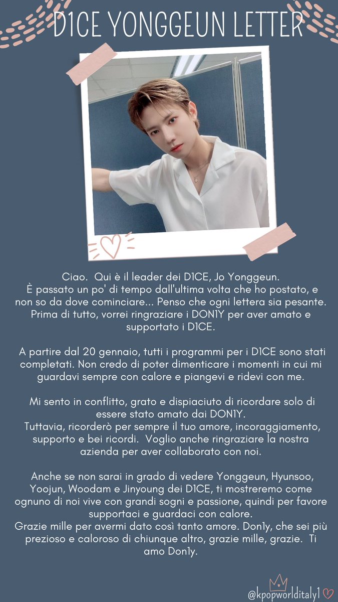 kpopWorldItaly1's tweet photo. I membri dei D1CE (ex oramai) rilasciano individualmente una lettera dopo l’annuncio della fine del gruppo.
Ringraziano i fan per aver condiviso insieme i brutti e i bei momenti e per averli supportati sempre con amore infinito….#D1CE #DISBAND #DON1Y #KPOP https://t.co/VyXzCAg3s3