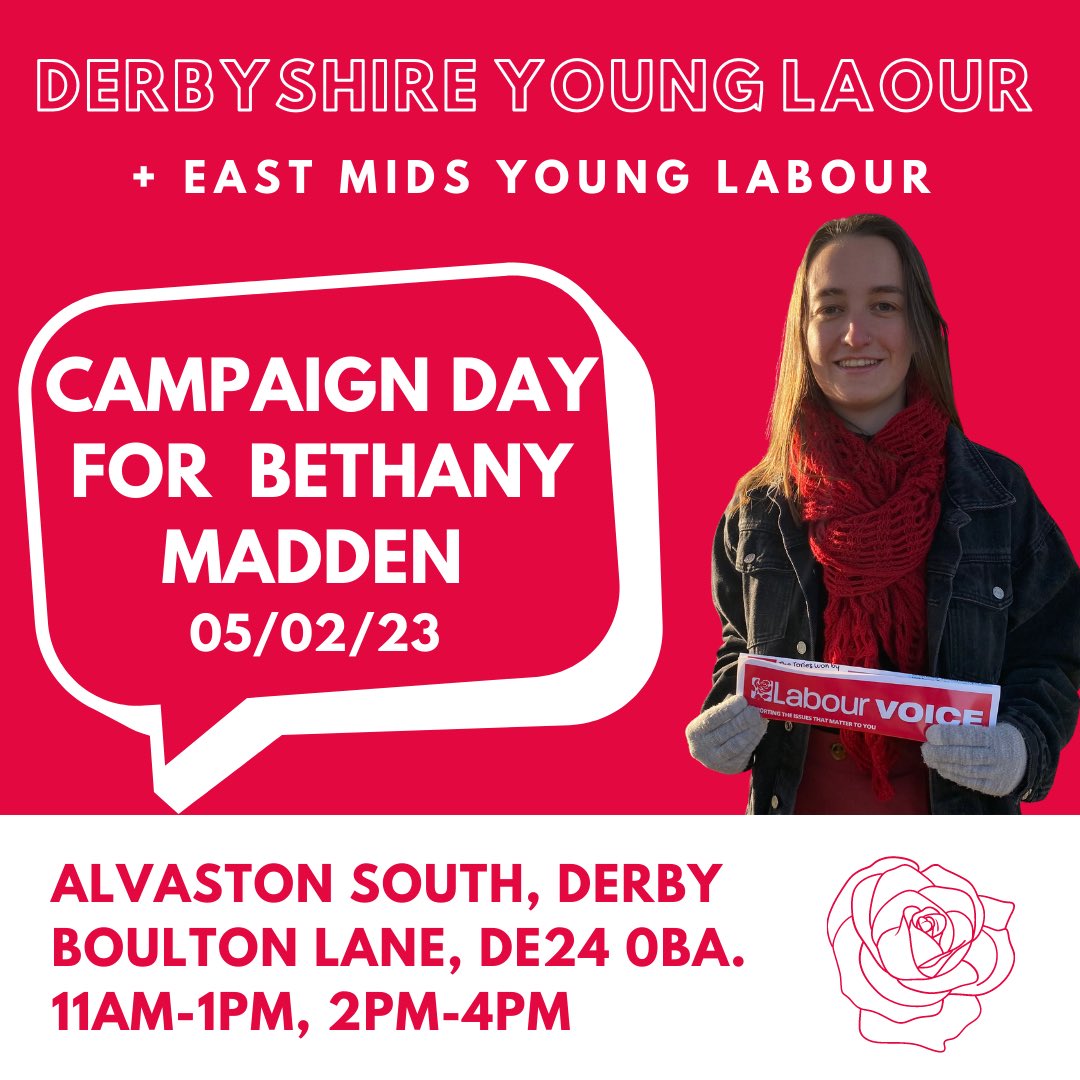 derbyshireylab's tweet photo. We’re holding a campaign day with @EastMidsYL on the 5th Feb for the wonderful @bethany_madden1 in Alvaston South. If you need any help with transport just give us a message and we will try and sort something :)) https://t.co/UAUxoIDslz