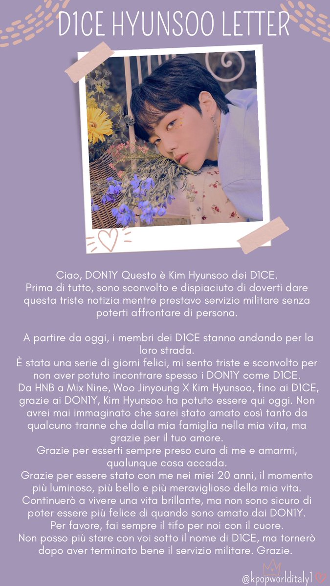 kpopWorldItaly1's tweet image. I membri dei D1CE (ex oramai) rilasciano individualmente una lettera dopo l’annuncio della fine del gruppo.

Ringraziano i fan per aver condiviso insieme i brutti e i bei momenti e per averli supportati sempre con amore infinito….#D1CE #DISBAND #DON1Y #KPOP ⬇️