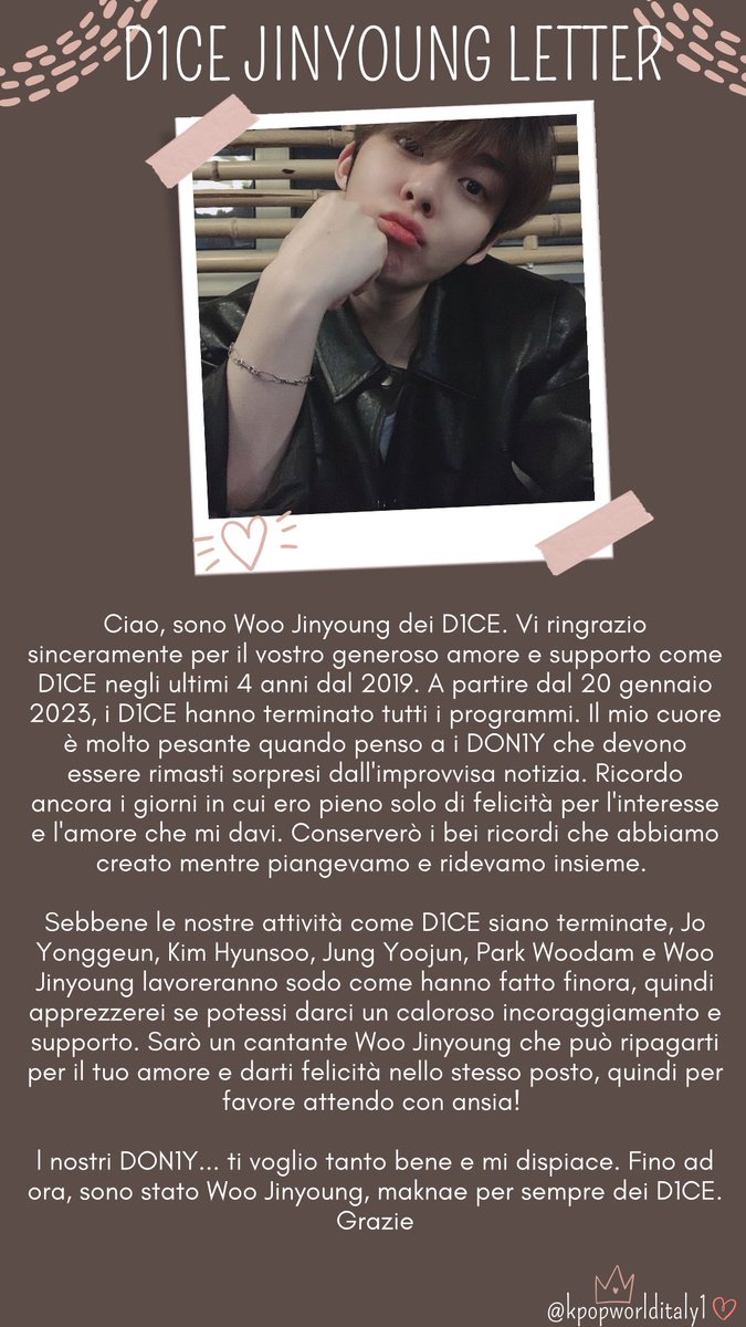 kpopWorldItaly1's tweet image. I membri dei D1CE (ex oramai) rilasciano individualmente una lettera dopo l’annuncio della fine del gruppo.

Ringraziano i fan per aver condiviso insieme i brutti e i bei momenti e per averli supportati sempre con amore infinito….#D1CE #DISBAND #DON1Y #KPOP ⬇️