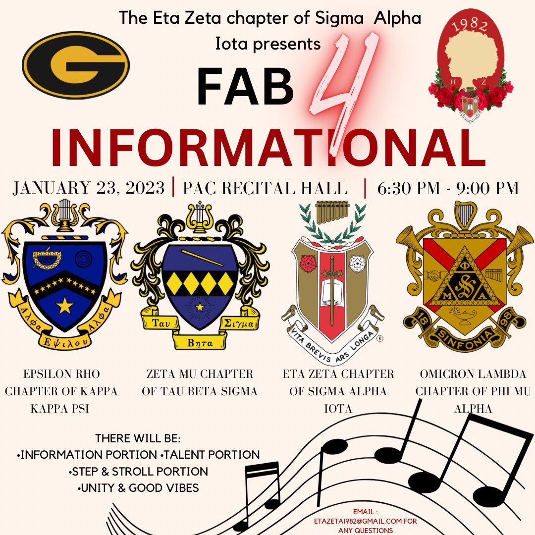 EtaZetaSAI's tweet photo. The Eta Zeta Chapter of Sigma Alpha Iota presents:

Fab 4 Informational🌹

January 23, 2023 at the PAC Recital Hall from 6:30-9:00! #etazeta #gramfam https://t.co/C9oJja4gUe