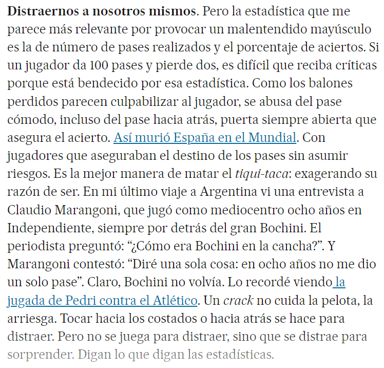 Las estadísticas, los pases y el “distraer”. Escribe Jorge Valdano.