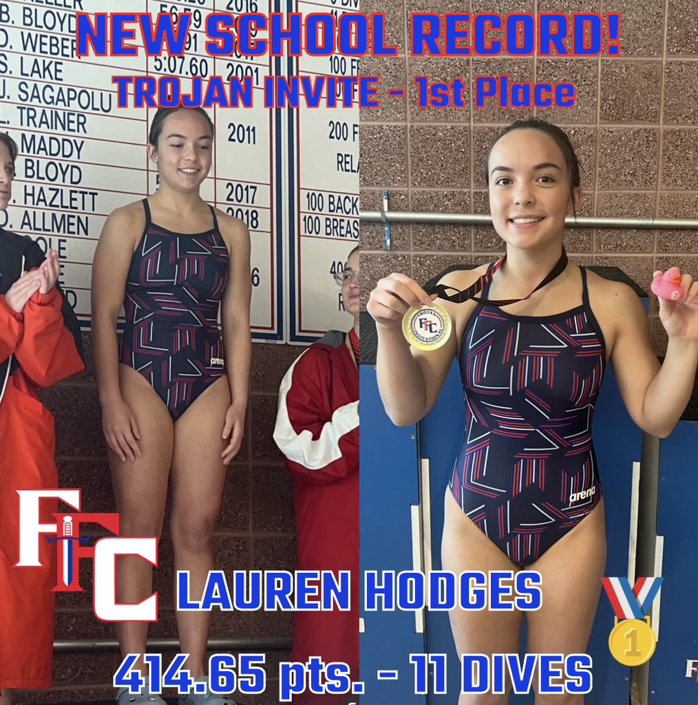 Another record-setting day for Trojan diver, Lauren Hodges, winning the Trojan Invite and setting a new school record for 11 Dives with a score of 414.65! Congratulations Lauren! 🥇 @CHSAA @coloradopreps @DanMohrmann @RobNamnoum @lukezahlmann @FFC8schools @FfchsB @gazettepreps