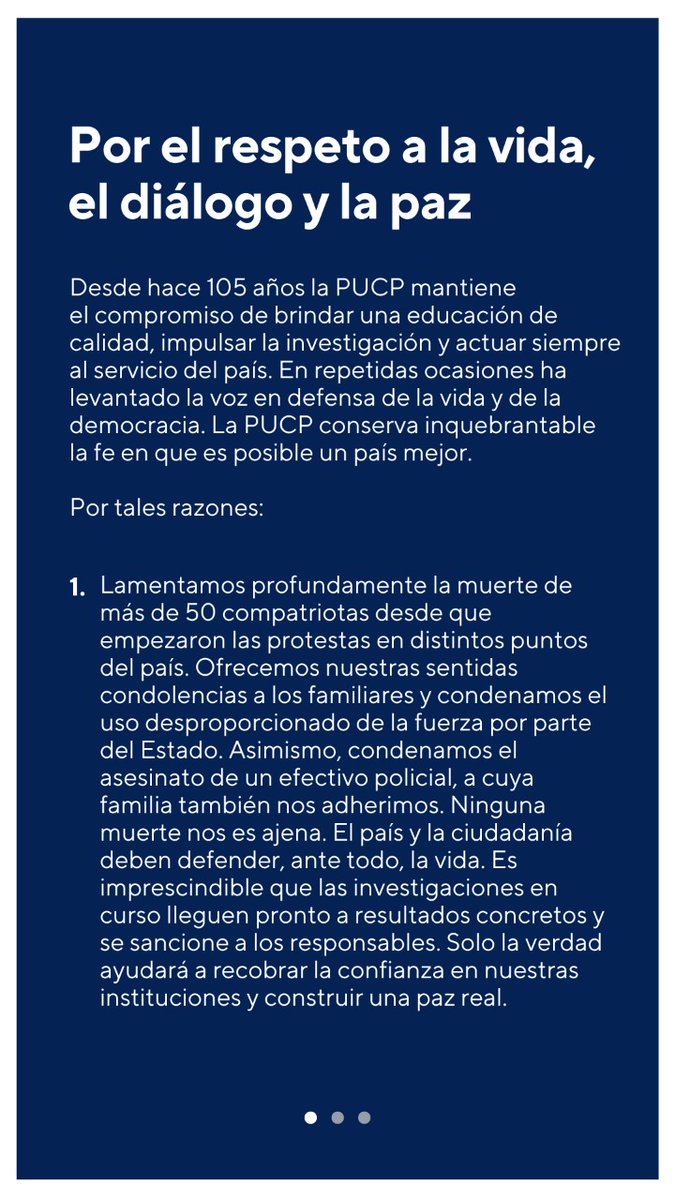 pucp's tweet photo. #COMUNICADO
Invocamos a los representantes de los principales poderes del Estado y a quienes encabezan las protestas a dar los pasos que colaboren con el diálogo y la paz. 
El Perú es de todos, y de todos depende que tengamos el futuro que queremos. https://t.co/PYJwvq588O