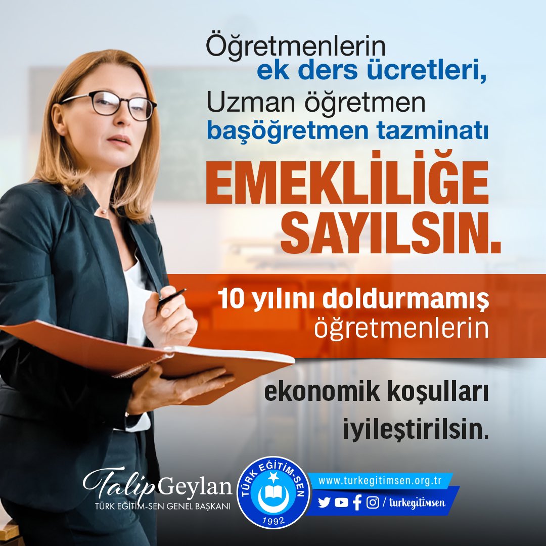 ✅Ek ders ücretleri ile uzman ve başöğretmen tazminatları emekliliğe sayılsın.
✅Maaşları sadece kira,yakıt,elektrik ve aylık ulaşım giderleriyle kuş olup buharlaşan 10 yılın altında hizmeti olan meslektaşlarımızın ekonomik koşulları iyileştirilsin.
<a href="/tcbestepe/">T.C. Cumhurbaşkanlığı</a> <a href="/tcmeb/">Millî Eğitim Bakanlığı</a> <a href="/HMBakanligi/">T.C. Hazine ve Maliye Bakanlığı</a>